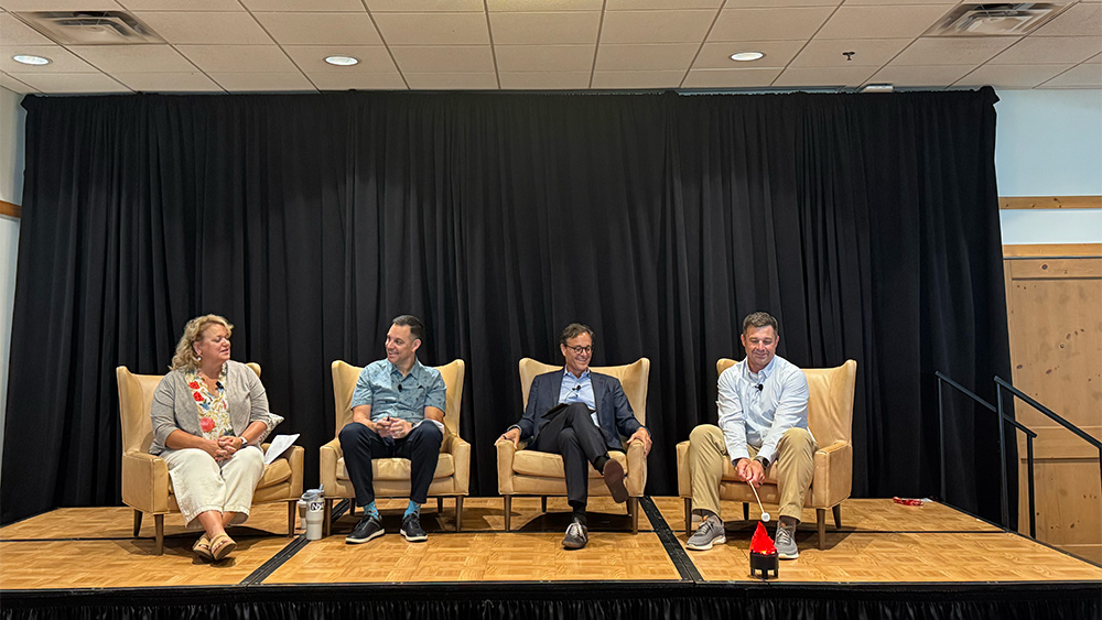 Schmitz Brothers Resorts Co Owner Rick Schmitz Takes The  Fireside Chat  Literally Alongside Boyne Resorts President And CEO Stephen Kircher NSAA President And CEO Mike Reitzell And Crystal Mountain Mich. COO Karyn Thorr
