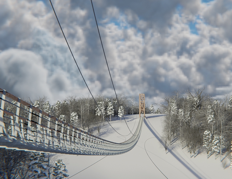 Winter rendering of SkyBridge Michigan, which will be a four-season attraction.