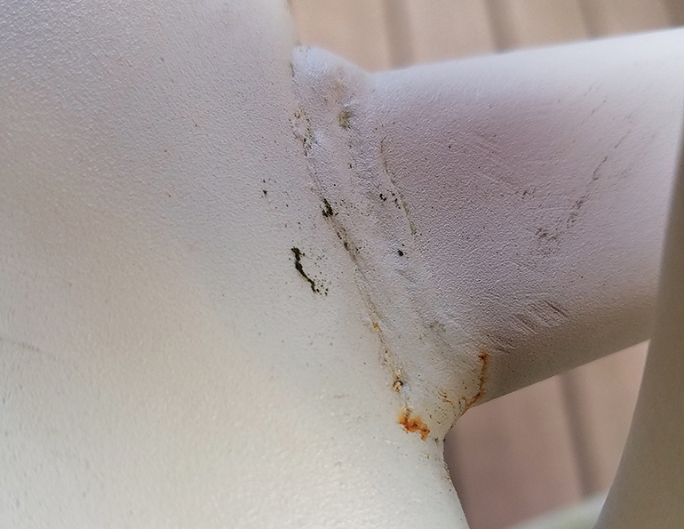 The two rusty paths shown here reveal either cracks or a lack of weld fusion—and should be investigated further to determine the cause and cure.