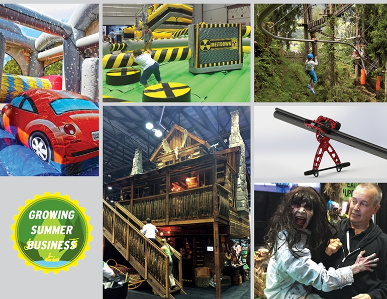 Clockwise from above left: Inflatables come in new shapes and sizes. The Car Wash (water optional) and Meltdown are both by Galaxy Multi Rides. Five suppliers were showing zip coasters, a cross between a zip line and roller coaster. Pictured here is the Zip-Coaster by Zip-Flyer, and a closeup of the Fly-Line by Outdoor Ventures. Zombies were everywhere on the IAAPA floor. Shown here is the Attack Sally Zombie Puppet.  Finally, theming was a big trend. Daniels Wood Land Tree House took the award for most innovative product and brought theming to a new level.