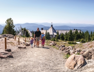 A family hiking at Timberline, Ore.