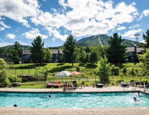 A sunny day at the outdoor pool at Jay Peak, Vt.