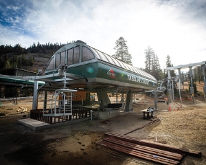 Leitner-Poma engineered a double-grooved bullwheel to transfer torque between two sections at an angle station for Alpine Meadows' new Treeline Cirque detachable quad.