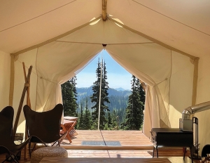 The view from inside at the Crystal Mountain, Wash., Sky Camp glamping site.