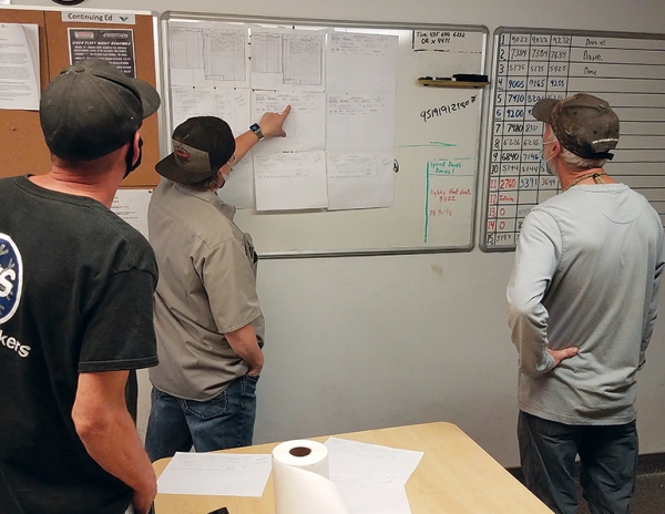 The Snowbird grooming team reviews the nightly slope log and KPI sheet.