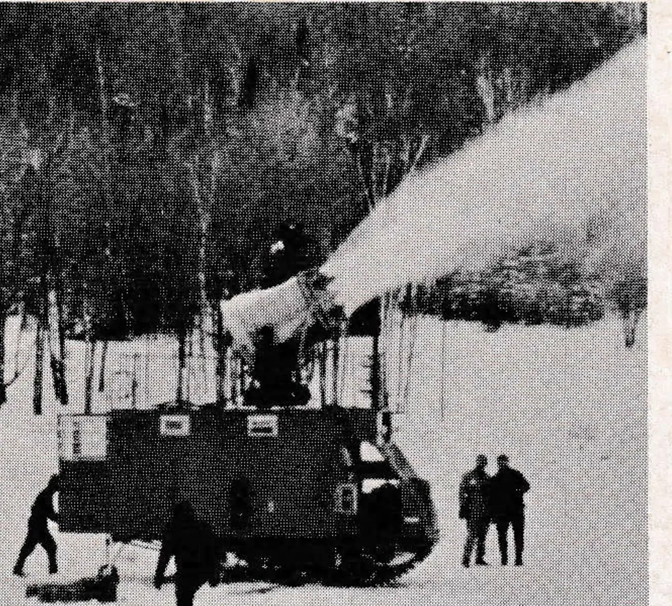 A mobile snowmaker has been shooting snow right on target for the Chantecler Hotel in Ste.-Adele-en-Haut, Quebec. Engineer Bernard Lafortune modified a Skidoo, mounted a Hedco snow gun on top and tied it in with a mountainside water system. By operating a switch in the cab, the operator can select any kind of snow he wants and send it up to 100 yards across the hill.