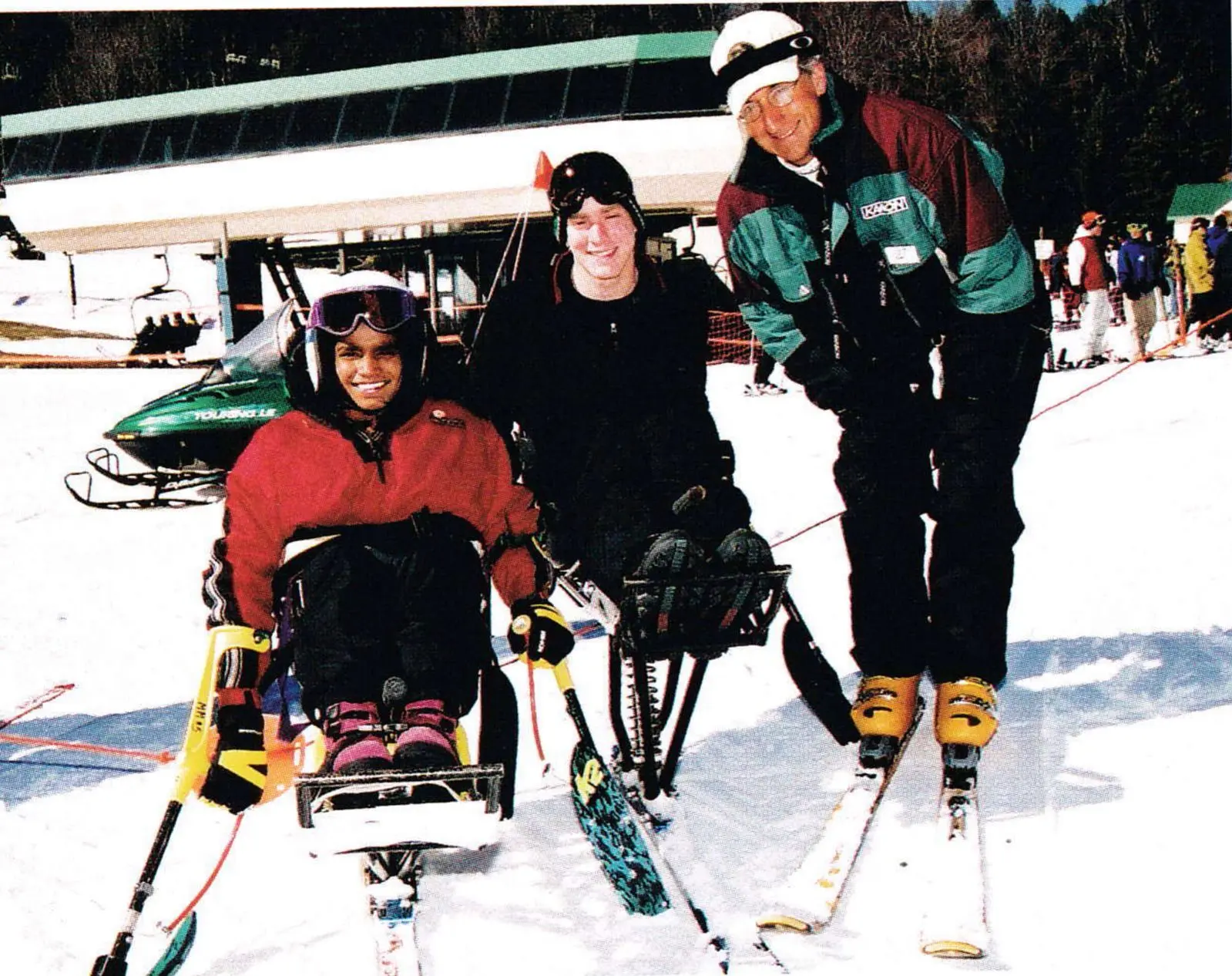 Adaptive programs accommodate many physical challenges using special equipment. Maria Redden finishes a lesson with Ski Windham, N.Y. instructors Rick Gropper (seated) and Gary Cohen.