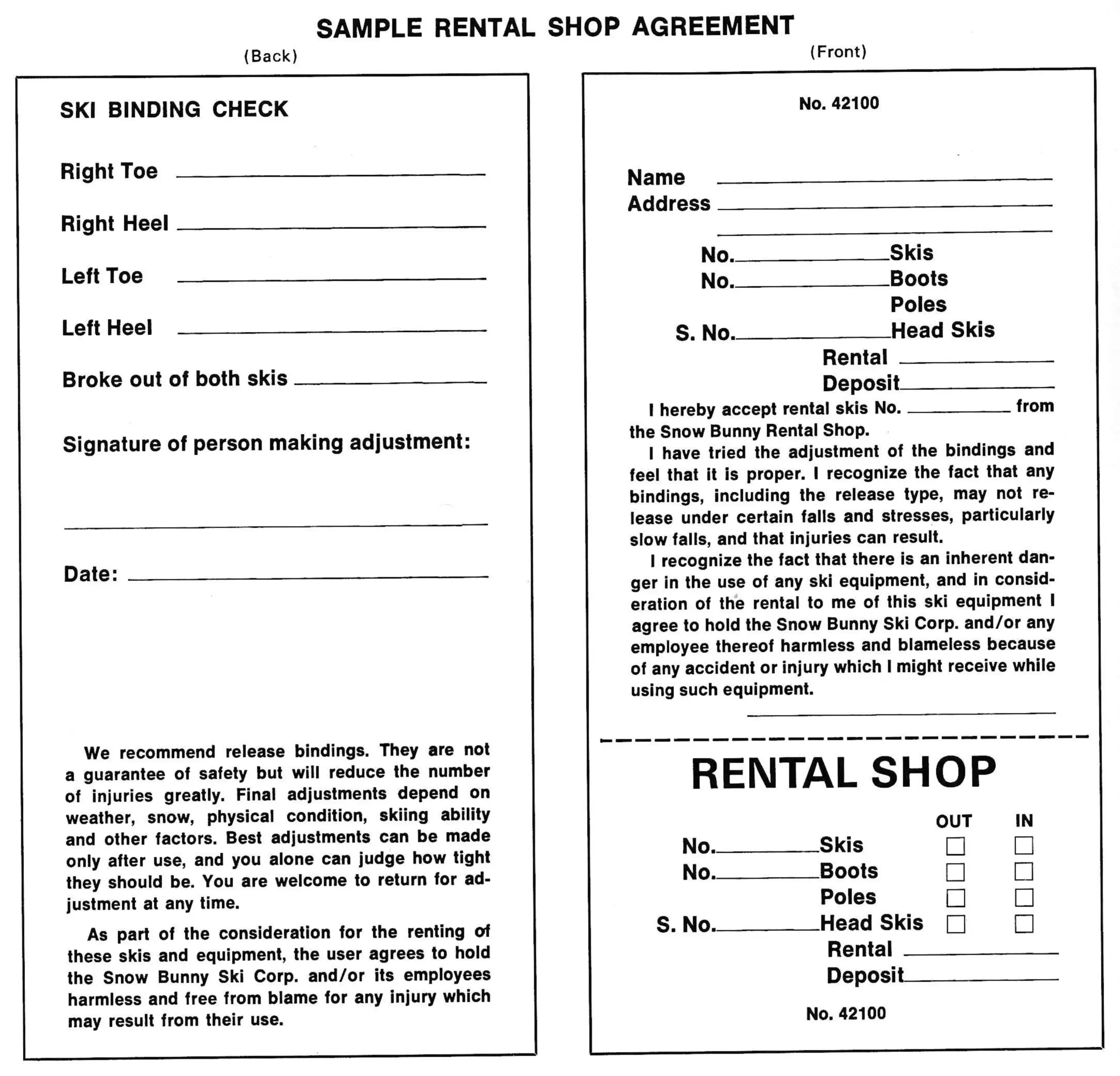 Sample Rental Shop Agreement — (Back) at left, (Front) at right.