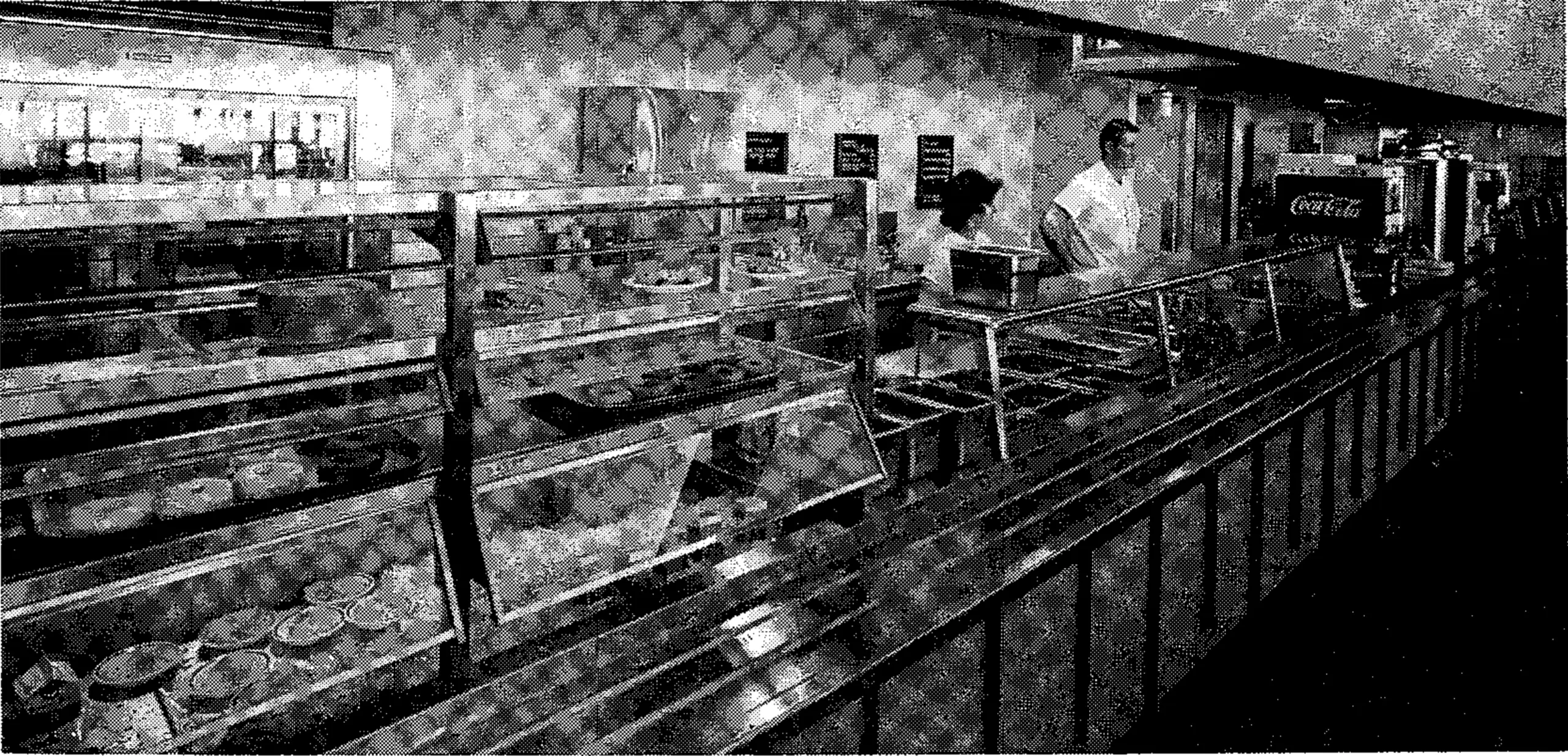 Cafeteria line at Gore Mountain Ski Lodge, in N.Y., is designed to feed 4,000 skiers an hour. Lines feed into a cash register island with two cashiers to do away with congestion and slowdown.
