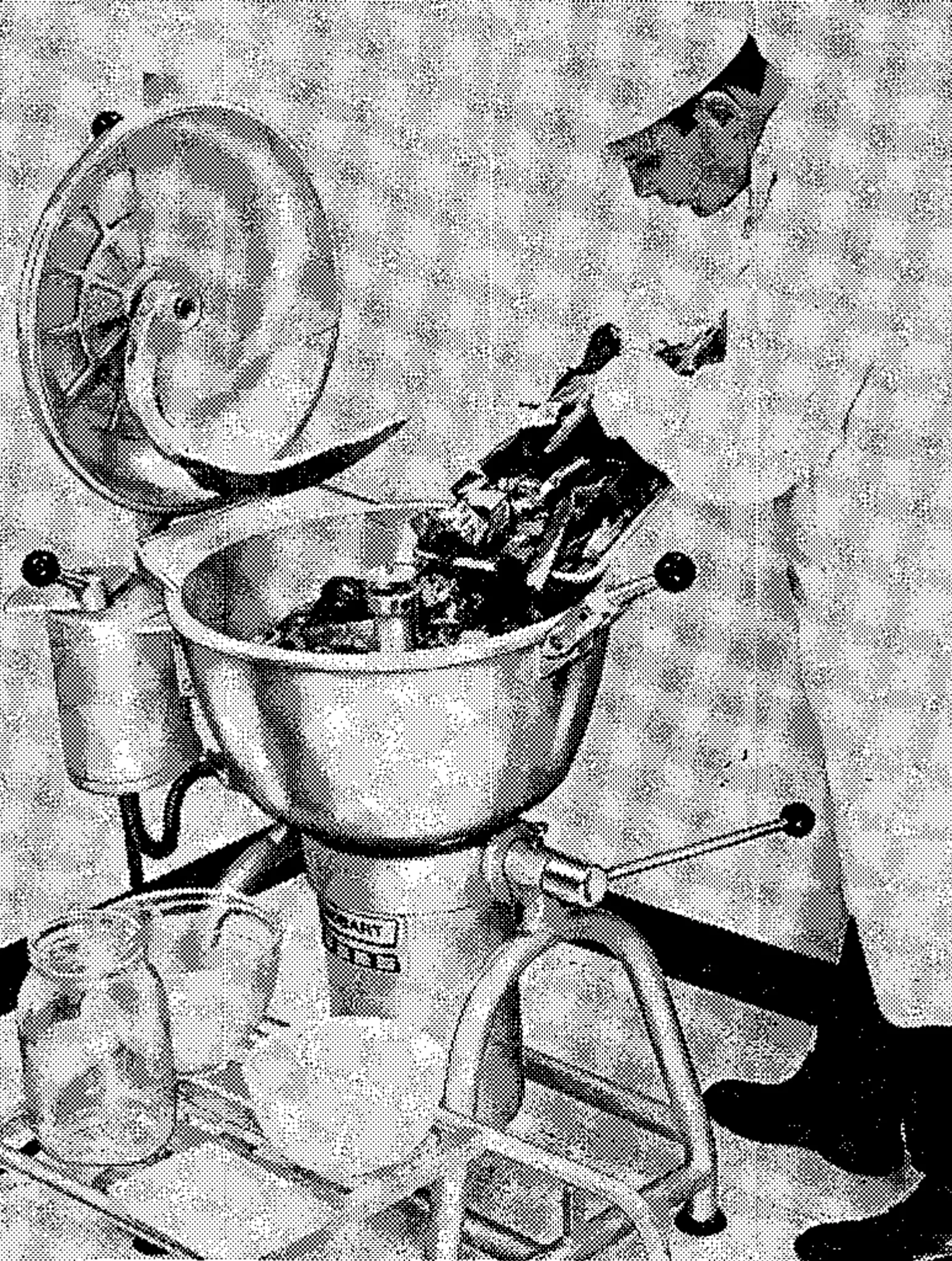 This vertical cutter/blender cuts preparation time down to seconds. Operator loads all ingredients for 45 lbs. of meat loaf—including frozen meat—into the bowl. In 45 seconds the mix—enough for 240 servings—is ready for the cooking process.