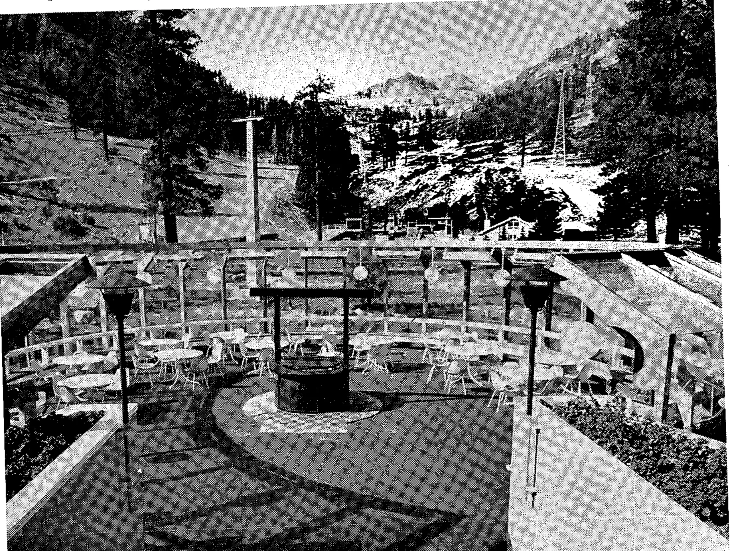 (Bottom) Patio lounge is enclosed by glass walls and has heated floors and infra-red heaters. Charcoal broiler provides additional heat and enables skiers to enjoy outdoor barbecued snacks in winter.