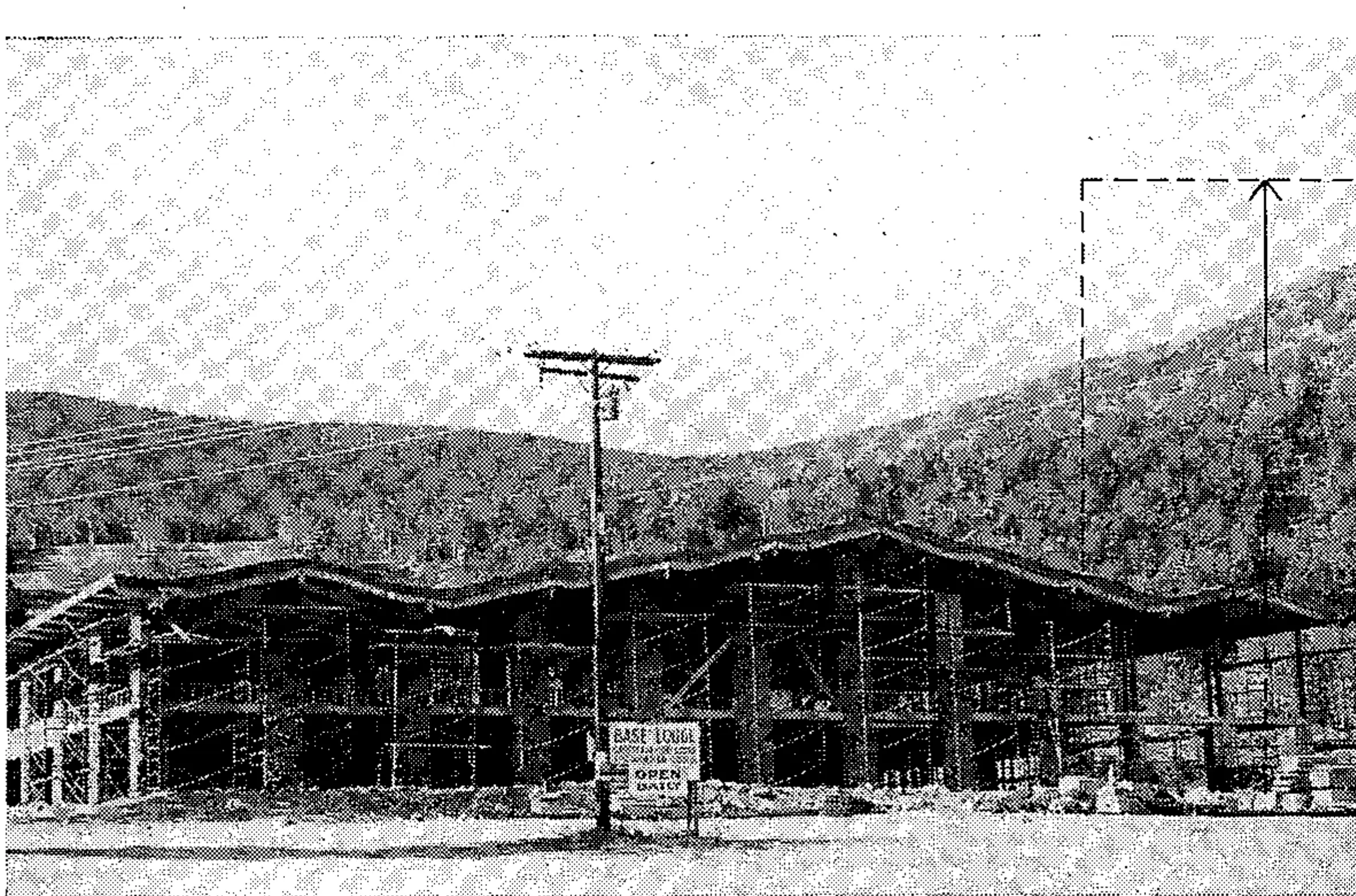 Hunter Mountain, New York, is completing the largest base lodge in the East at a cost of over a half-million dollars. Future plans include an addition of a nine story hotel and retail complex as shown by dotted lines. Lodge features a swimming pool, a sauna, a bar and cafeterias.