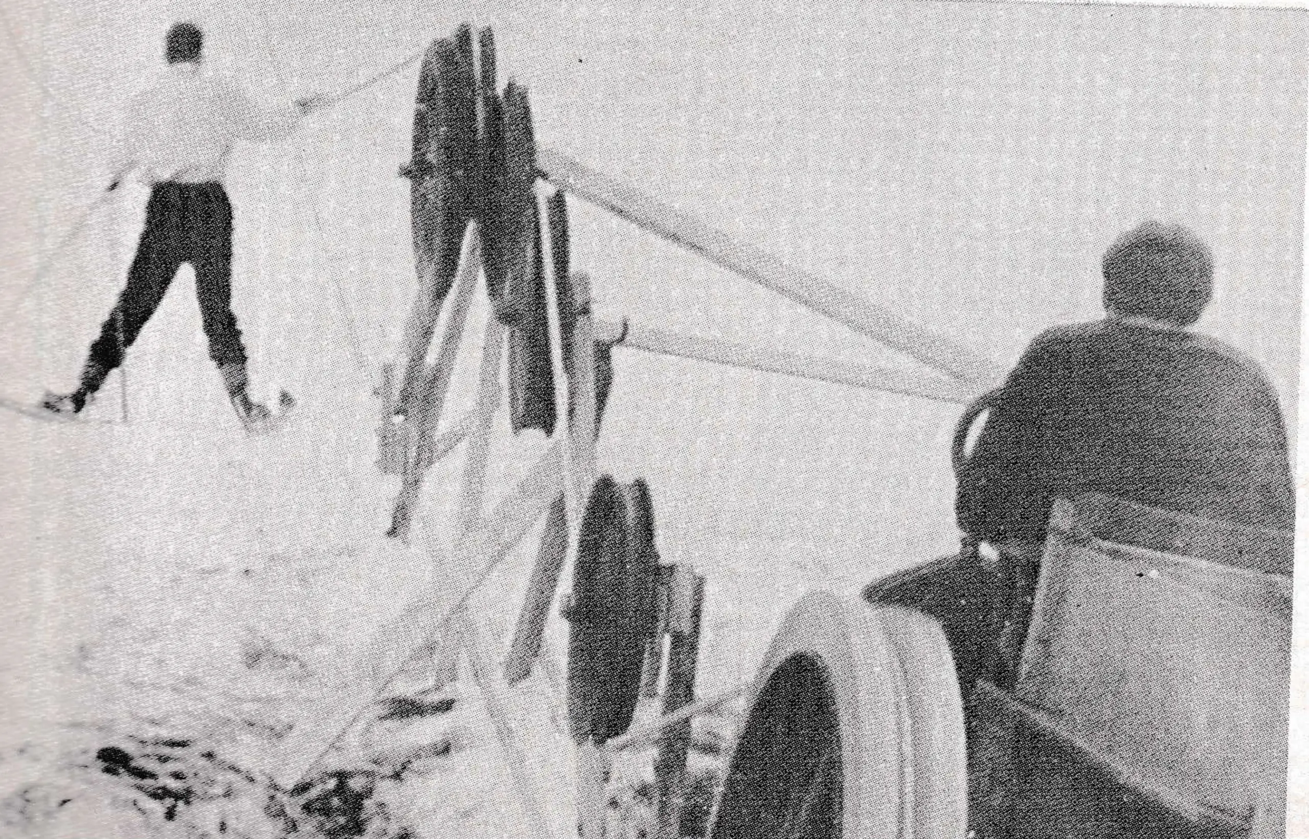 An historic shot of the country’s first rope tow—1934 at Gilbert’s Hill in Woodstock, Vt. A Model T supplies the power.
