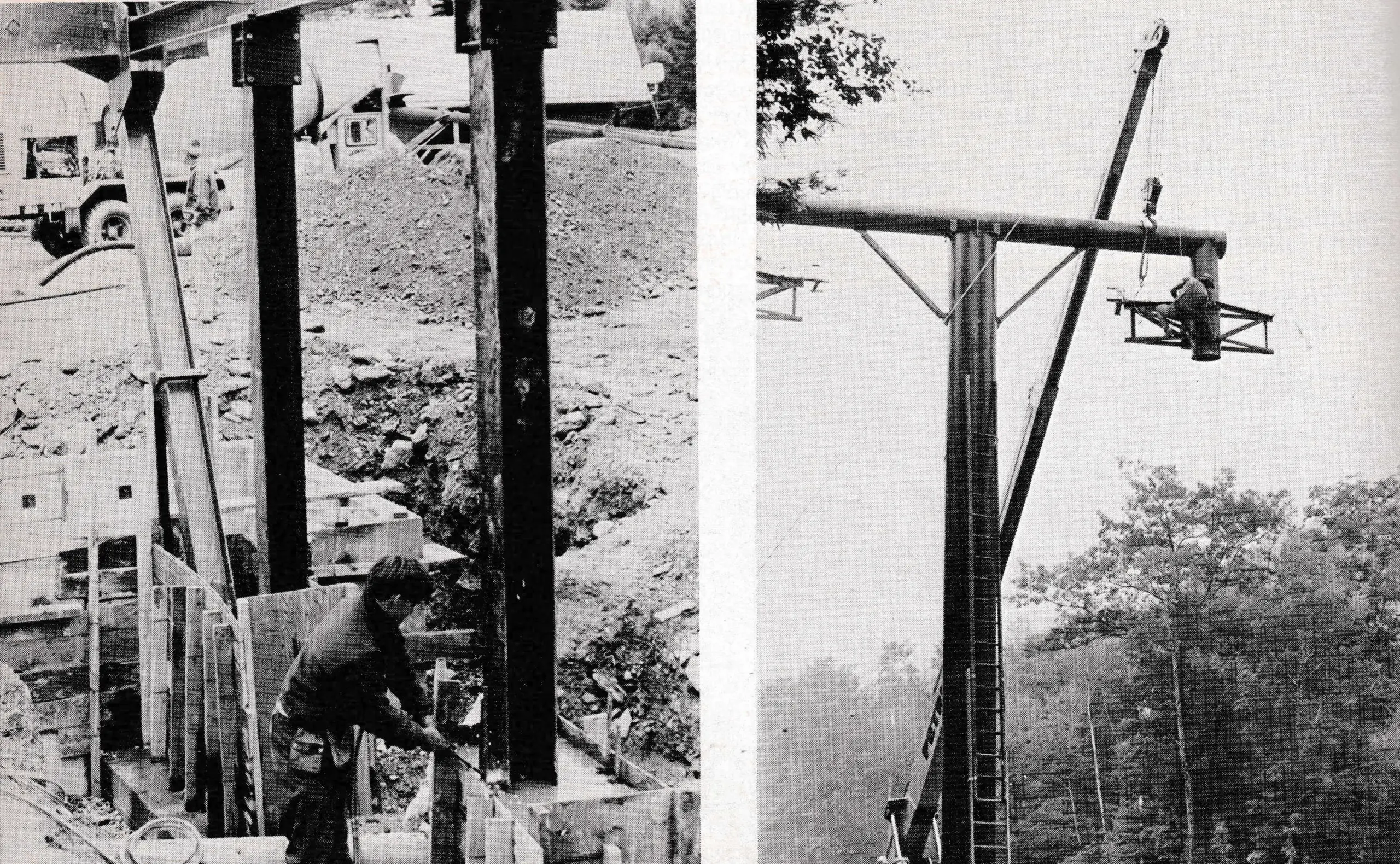 Jiminy Peak in the Berkshires of Massachusetts, added a Riblet double-double. On the left, concrete is being poured around steel support columns for base terminal. This method of construction allows the structural steel to be placed on the lower footings and track welded to rerod. The entire tension terminal is then able to be squared up, leveled and plumed before grade level concrete is completed. Column is poured in 4½ feet of concrete. New tower design (right) allows for conventional operating parts to be used. The 30-in. support tube is slightly taller, and the 18-in. cross-arm tube then has an 18-in. vertical tube handing off the end of it where the tower cross-arm is attached.