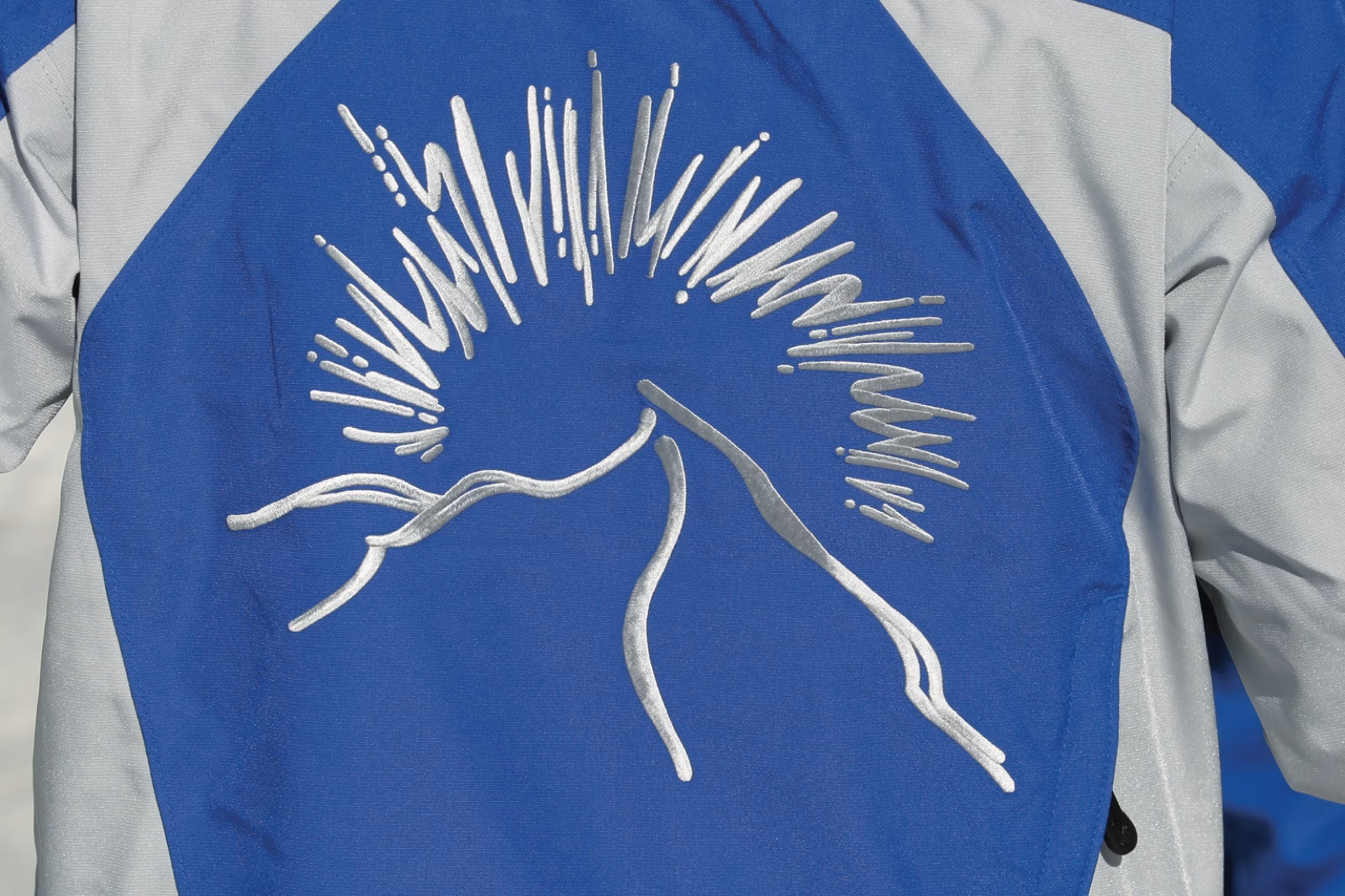 Back of a blue Crested Butte jacket with the mountain icon