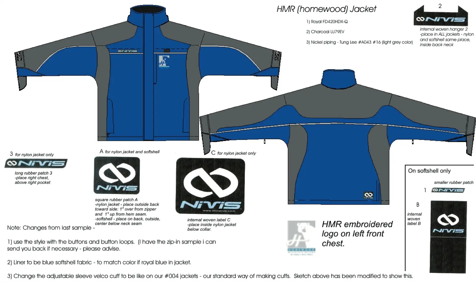 Design sheet for Homewood’s blue-and-gray Nivis jacket