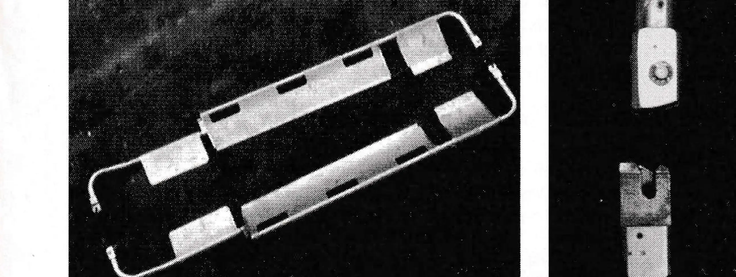 Aluminum stretcher shown in open position is difficult to use in snow because latches (right) can be blocked by ice and snow.