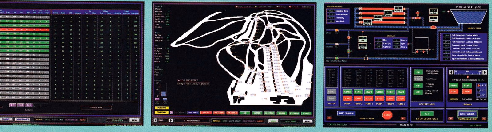Three snowmaking control-software screenshots: all-machines list, mountain map and pump house screen