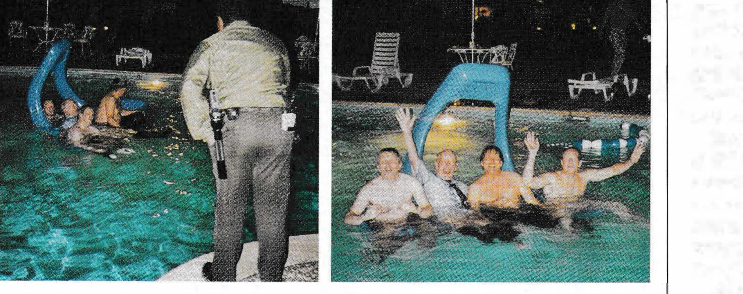 One of the livelier moments came after midnight Wednesday night when a security guard attempted to stop a noisy quartet of conventioneers who claimed they were conducting a Coast Guard test to determine the flotation characteristics of MCTA's innovative quad chair. To NSAA's chagrin, the testers celebrating the chair's seaworthiness turned out to include a past chairman and a current director. Also, the president of a major lift manufacturing company with conservative Swiss connections. The fourth, still dressed, had not been identified at presstime, but was believed to be an unemployed reporter. (Photo: Dennis Eshbaugh)