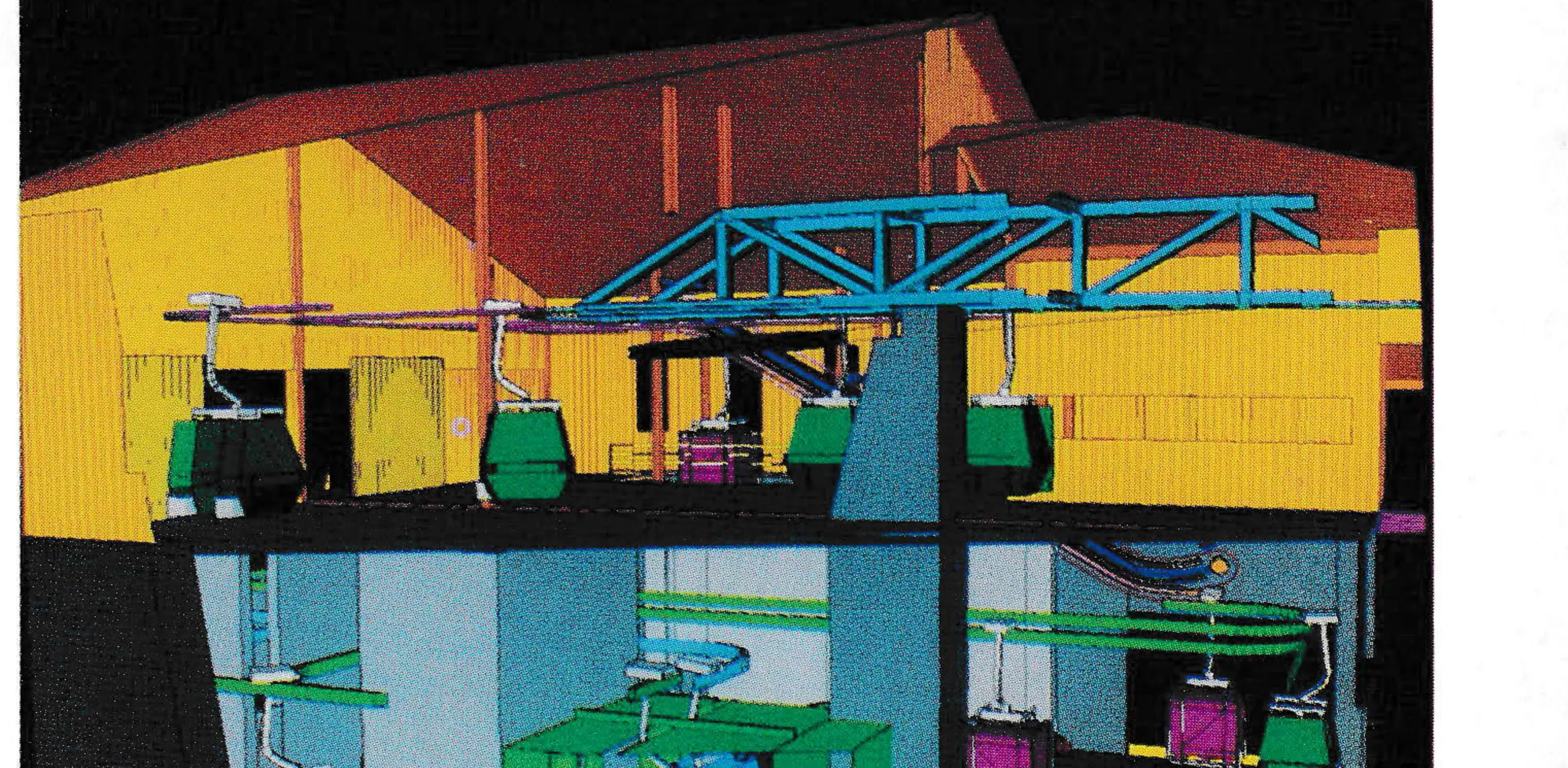 A cutaway view of the Outback gondola drive terminal. Passenger loading and some cabin parking occur on the ground floor. The basement level contains maintenance bays and parking rails. The freight elevator can be seen in the background. Cabins, specially built to carry supplies to the restaurant and refuse back, are shown in pink.