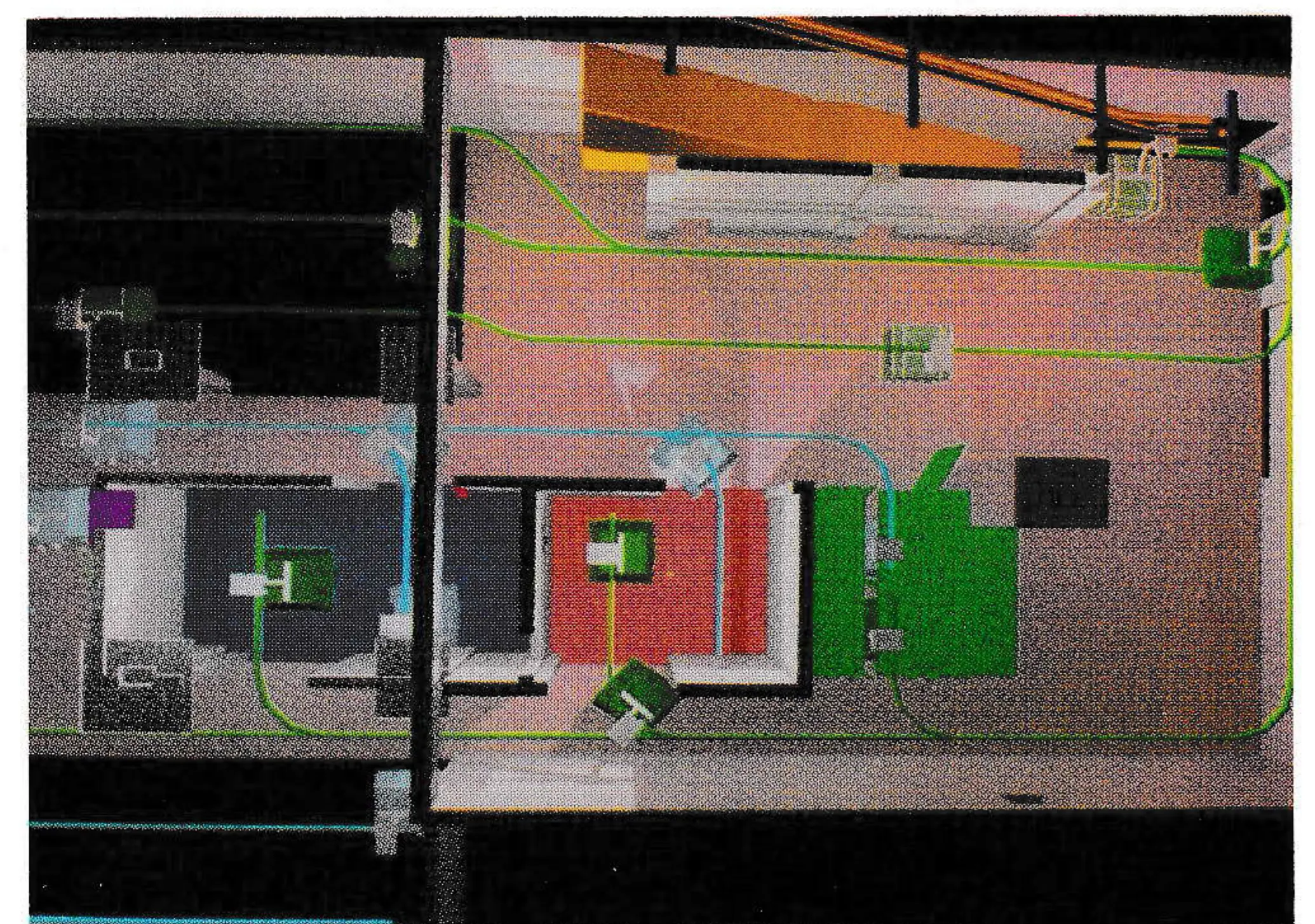 Plan view of the lower level of Outback gondola shows the maintenance bays and a small portion of the parking rails. Bay colored blue is a grip and cabin mechanics shop, red is a wash bay and green is a paint booth.
