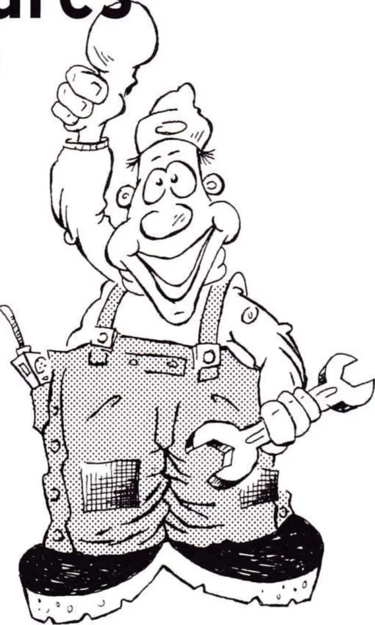 Cartoon of a grinning lift rigger in overalls holding a rope and a wrench