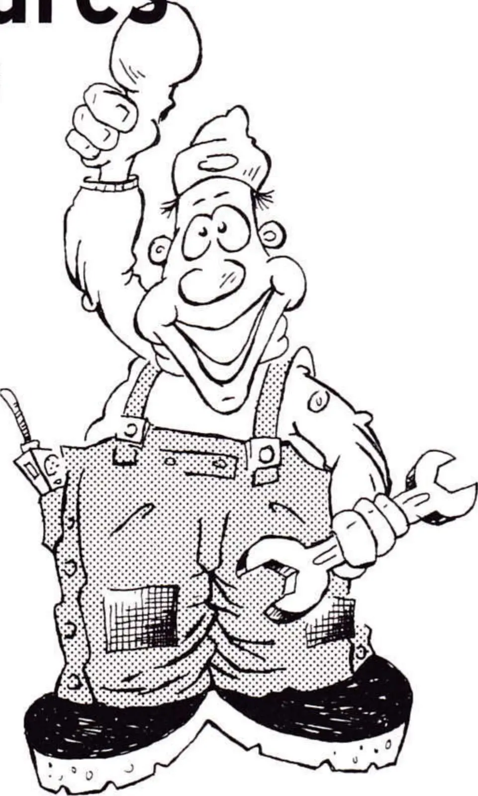Cartoon of a grinning lift rigger in overalls holding a rope and a wrench