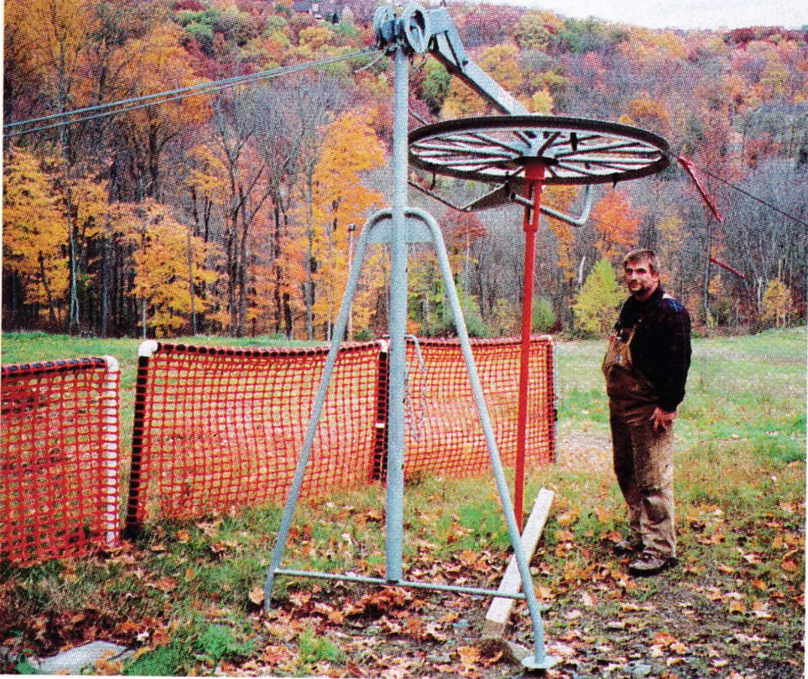 Bullwheel support at Shawnee Mountain built from snowmaking pipe