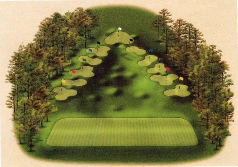 Illustrated rendering of a V-shaped wedge practice area with target greens and bunkers fanning out from a single hitting station