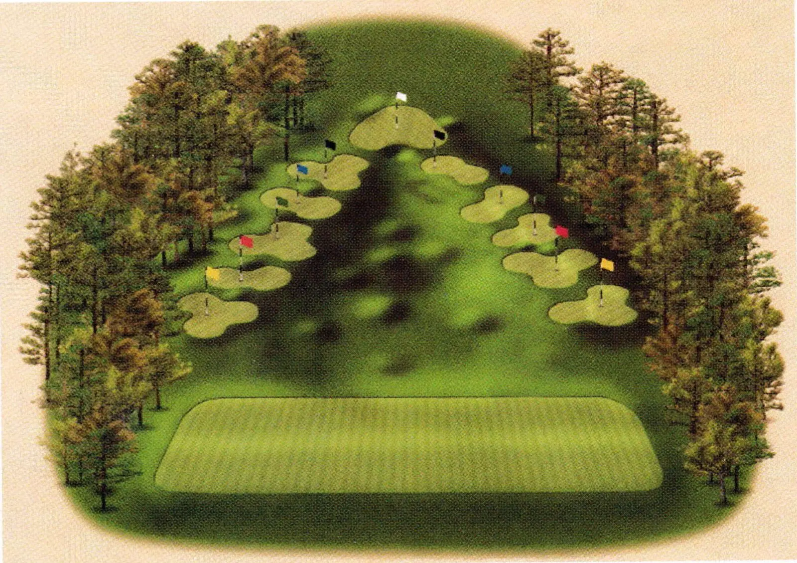 Illustrated rendering of a V-shaped wedge practice area with target greens and bunkers fanning out from a single hitting station