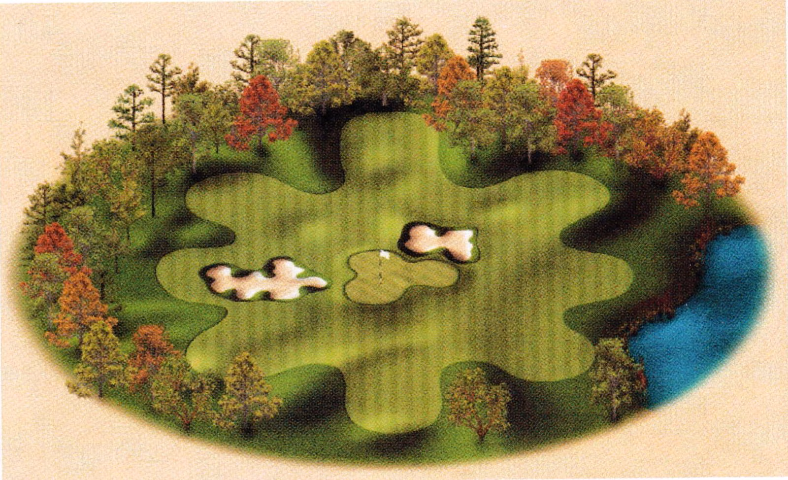 Illustrated rendering of a central practice green with bunkers surrounded by hitting stations