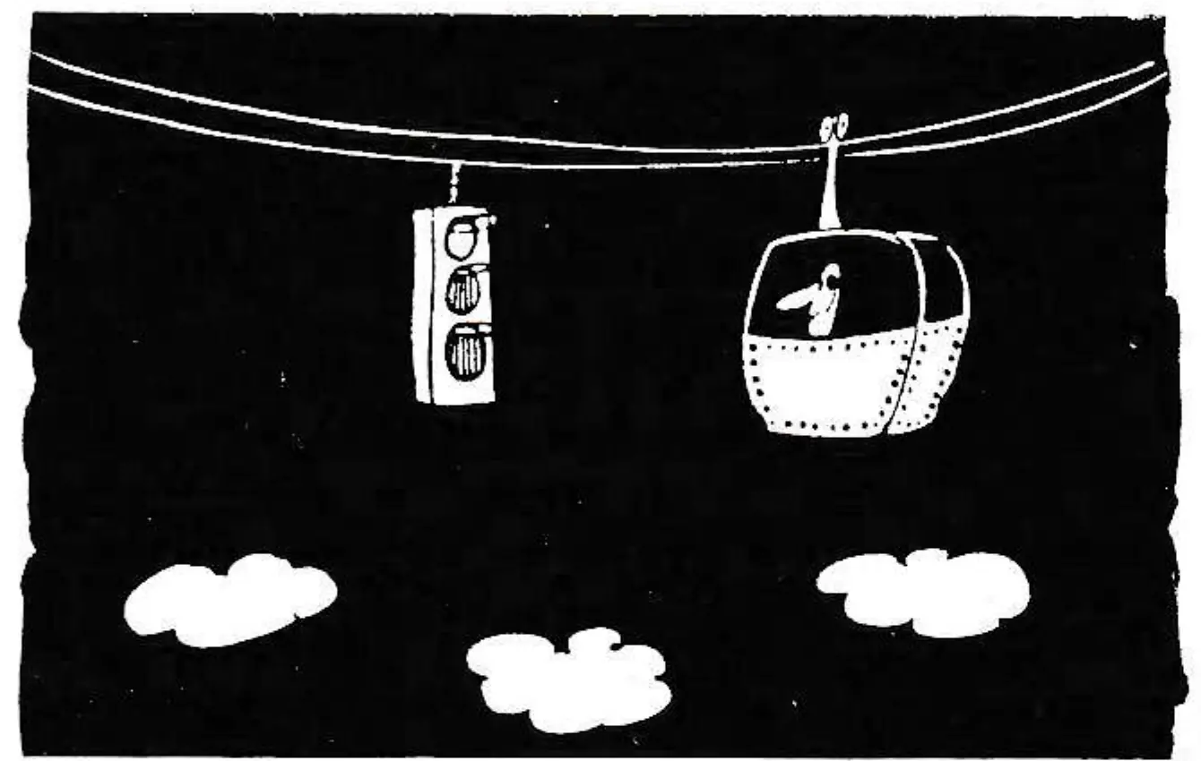 Consultant Column spot illustration: a traffic light hangs from a gondola haul rope alongside a passing cabin.