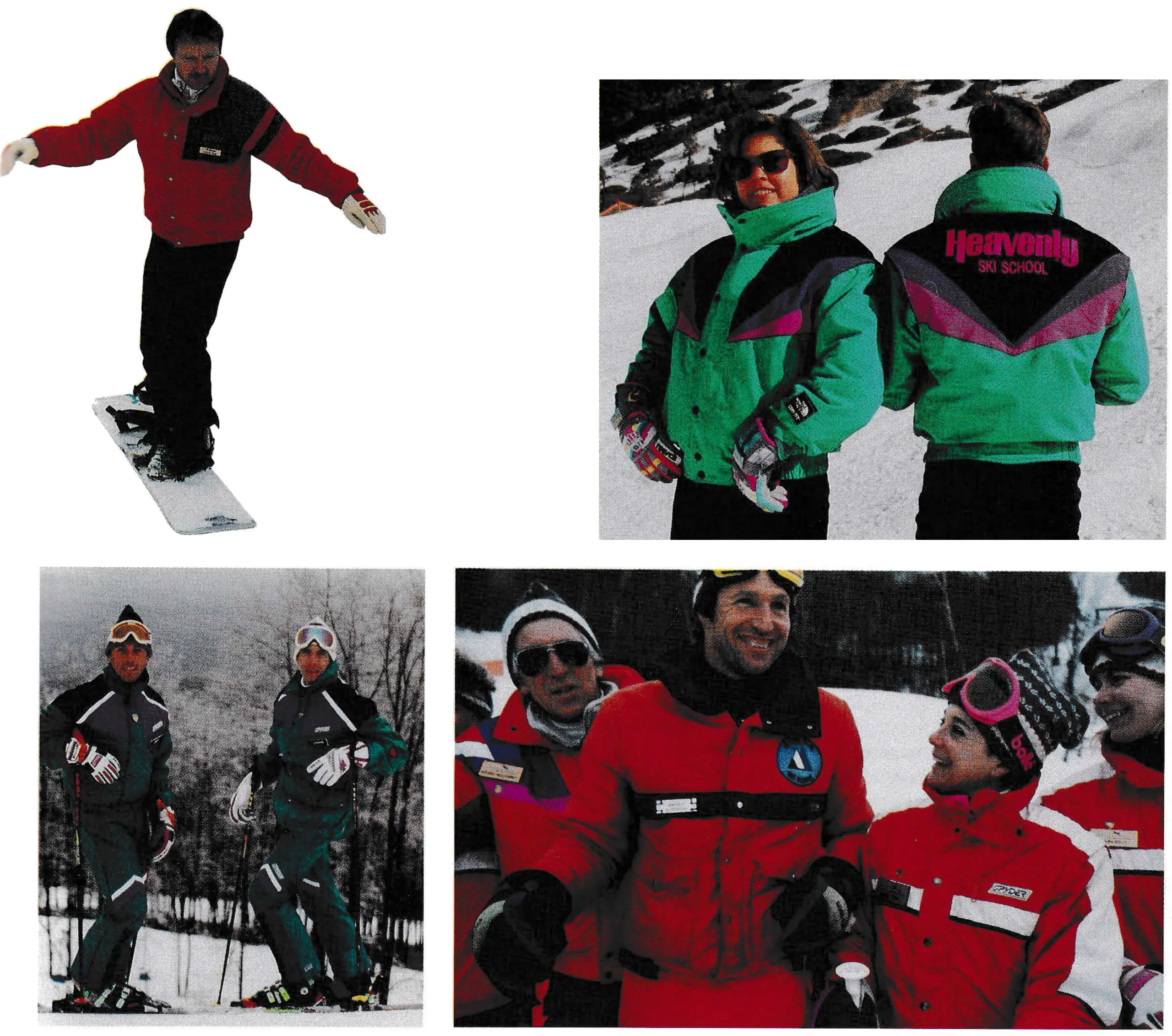 The North Face custom-designed uniforms for Killington (left) and Heavenly Valley (right) providing special style features, colors and embroidery. At Jack Frost (below left), Spyder came up with unusual colors and two styles of jackets for the ski school. The longer parka is designed to protect the lower backs of instructors who work with children. As long as it's red, it can be a uniform at Jiminy Peak (below right) where instructors provide their own parkas.