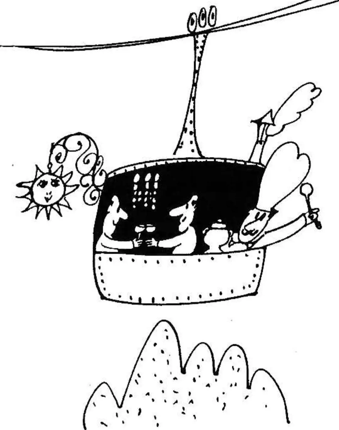 Cartoon of skiers dining in a gondola cabin