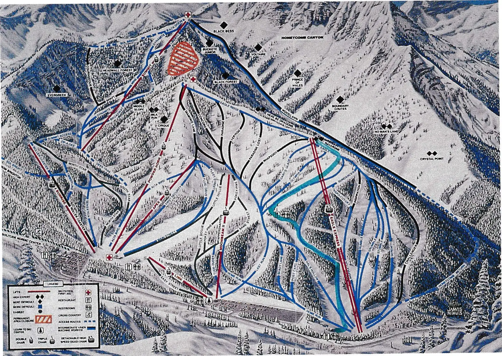 Pipe had to be hauled up steep trails to cover 50 acres of terrain, which is indicated by the aqua line.
