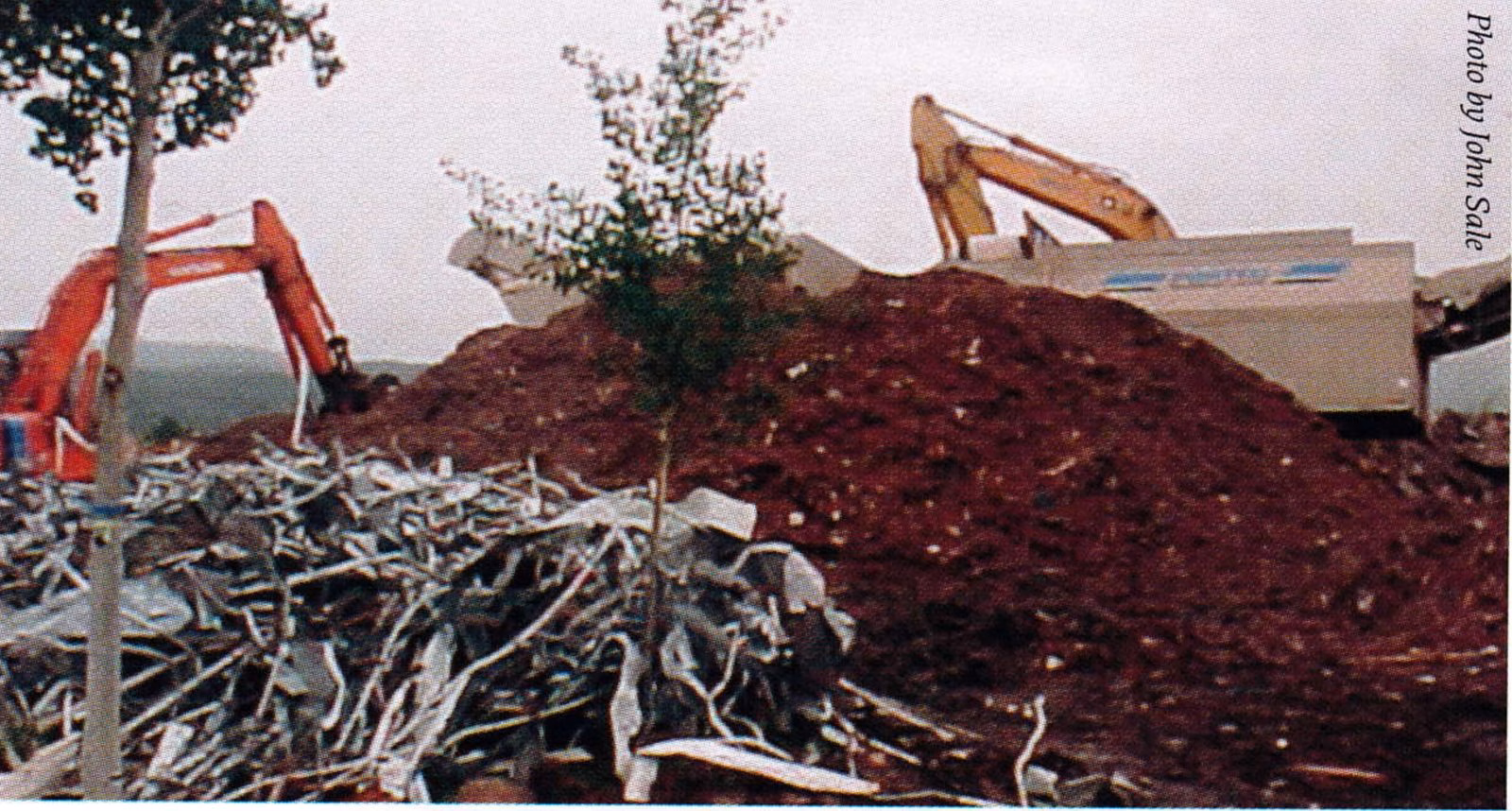Materials from the old lodge were also reduced and stored for future use, like the pile of ground wallboard and insulation seen here in the background that is being used as mulch in landscaping.