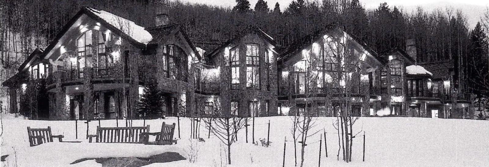 Large timber-and-stone mountain manor with lit windows among pines above a snowy meadow