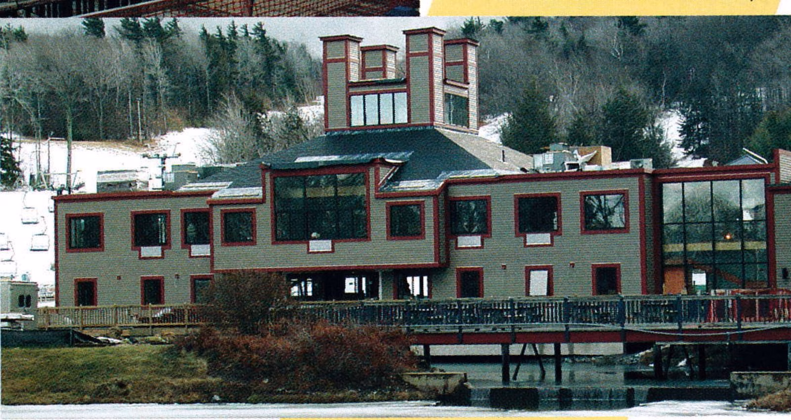 Wachusett Mountain: the expanded base lodge seen from across the snowmaking pond