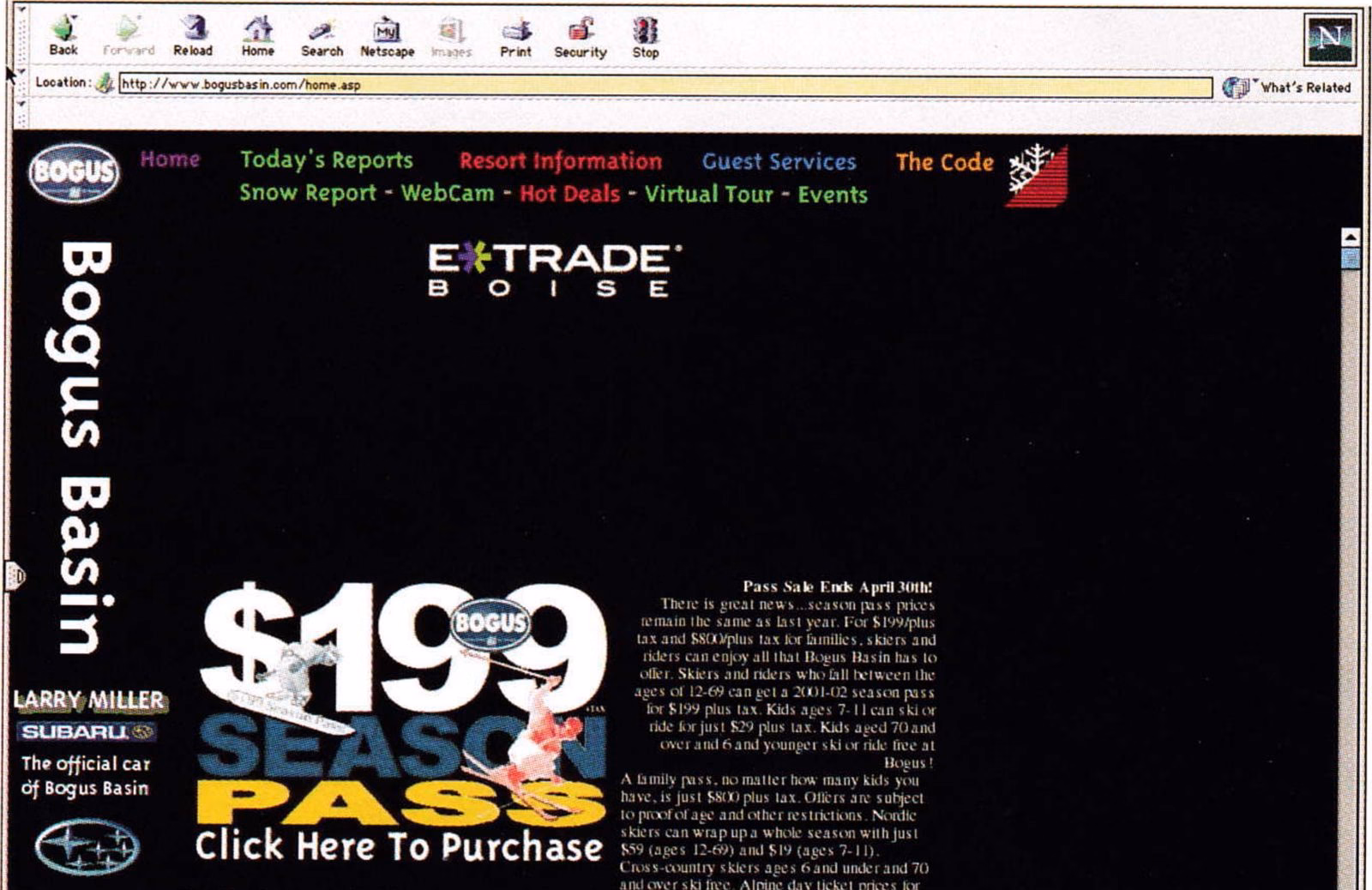 Screenshot of the Bogus Basin website home page advertising a $199 season pass
