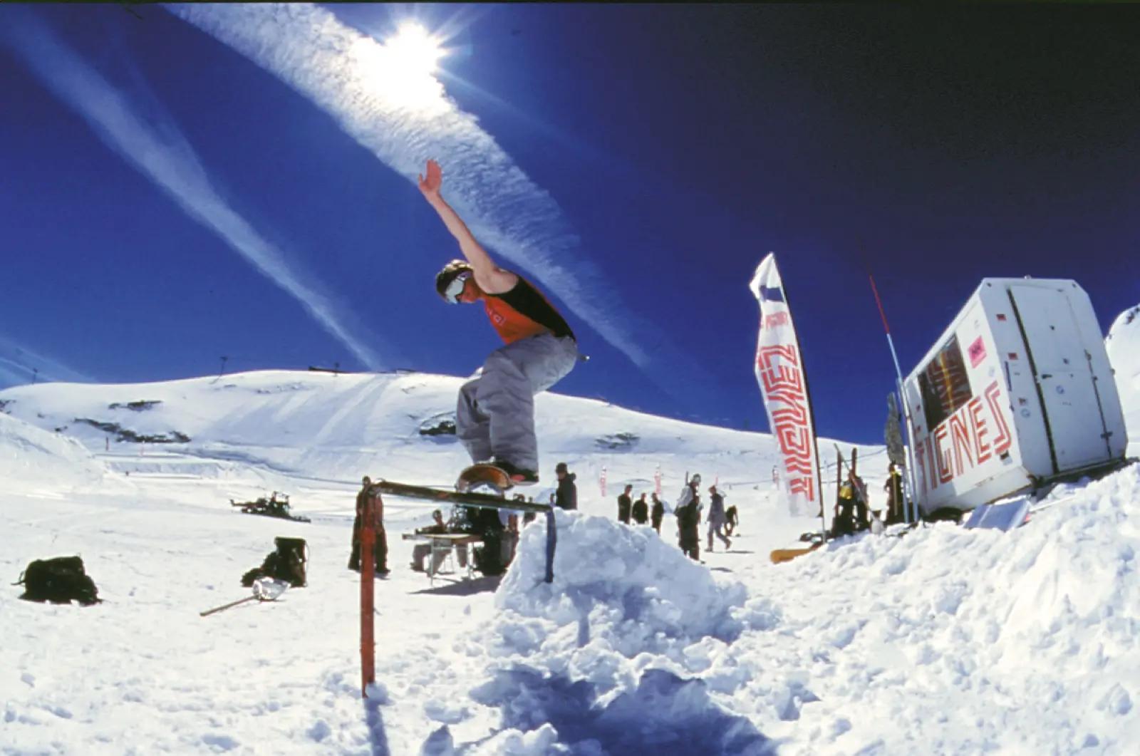 Rider on a snowdeck in mid-air