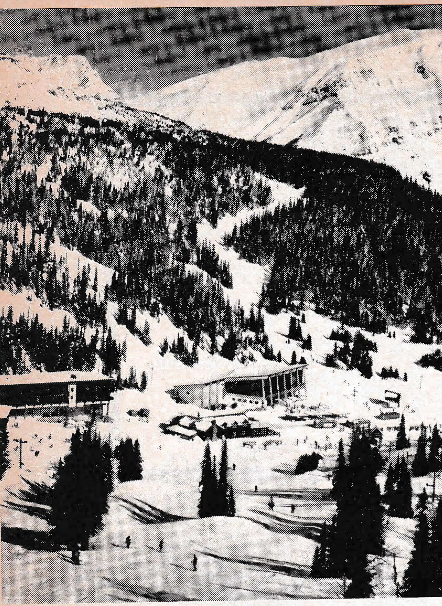 Sunshine Village taken in 1979 before installation of the new gondola transportation system. Buses used for 25 years can be seen in center of the photo. On the left is the 90 room Sunshine Village Inn and in the center is the large modern day lodge.