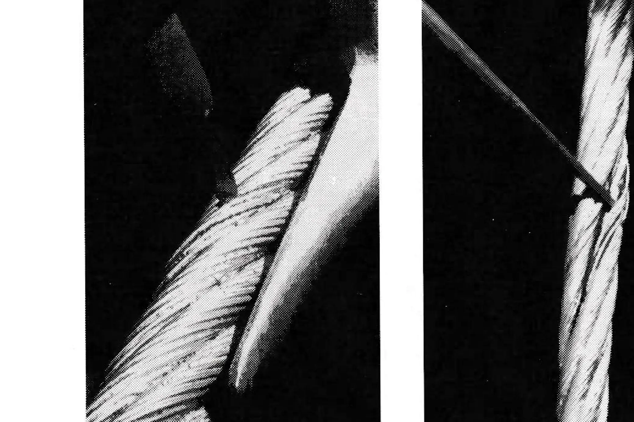 Loose wires ahead of a chair grip (far left) or broken wires (left) affect only the trailing tucked tail in relationship to the rope's direction of travel. Loose wires work back to the point of tuck where they can no longer migrate at which point they arch, flex and eventually break.