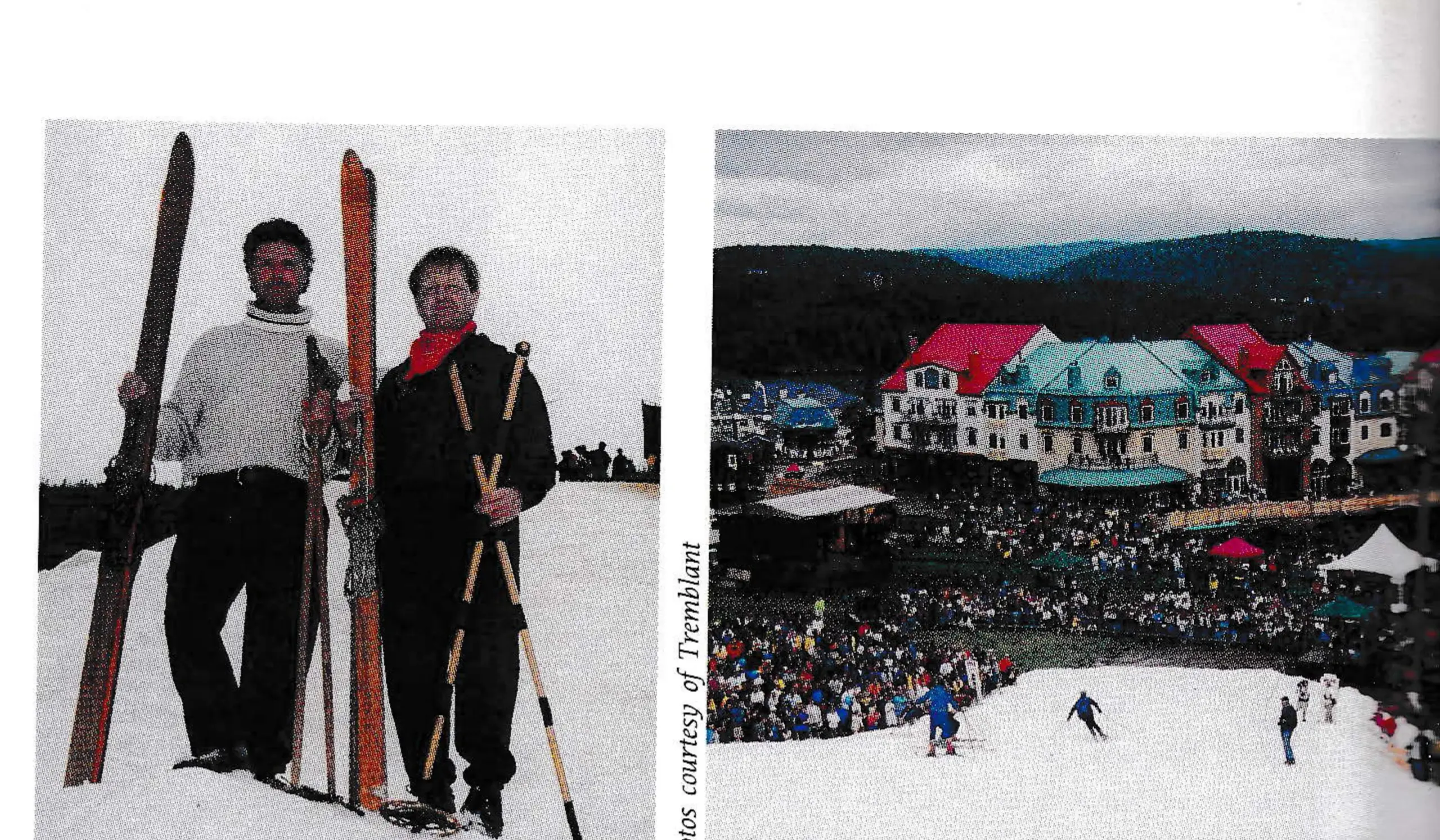 Two men holding vintage wooden skis on a snow patch, and a crowd at the base of Tremblant's Flying Mile below the village in summer