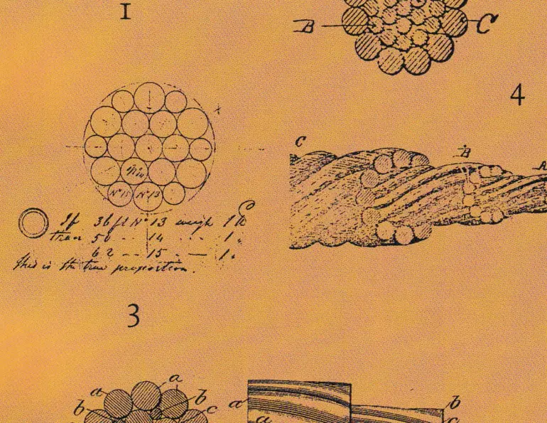 Six numbered historical drawings of wire rope and strand cross-sections