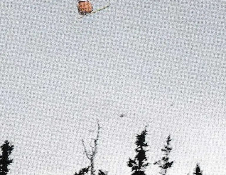 Photo strip of a rubber doll on skis hitting a jump, flying through the air and landing head-first in the snow