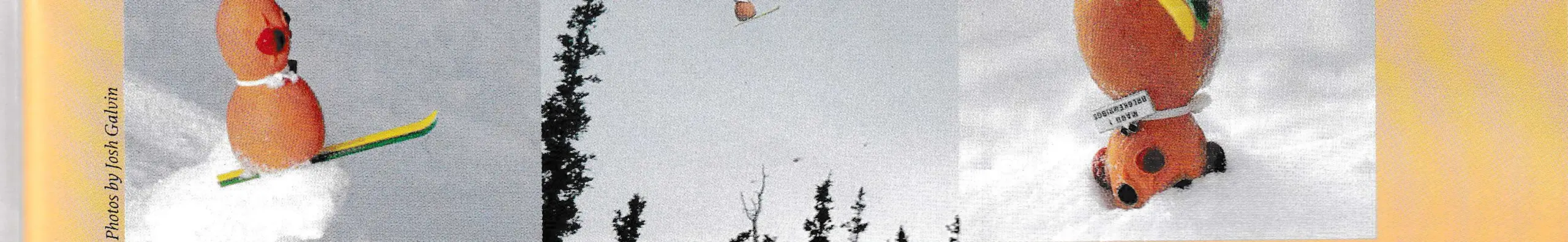 Photo strip of a rubber doll on skis hitting a jump, flying through the air and landing head-first in the snow