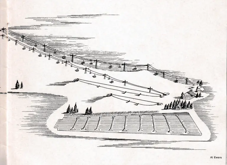 An artist's rendering of the GROWS ski area in Bucks County, Pa. Lodge, 400-car parking lot, snowmaking facilities and advanced, intermediate, novice and beginner slopes are part of the plan.
