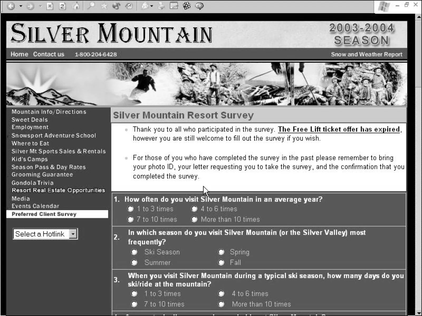 Screenshot of the Silver Mountain online resort survey page