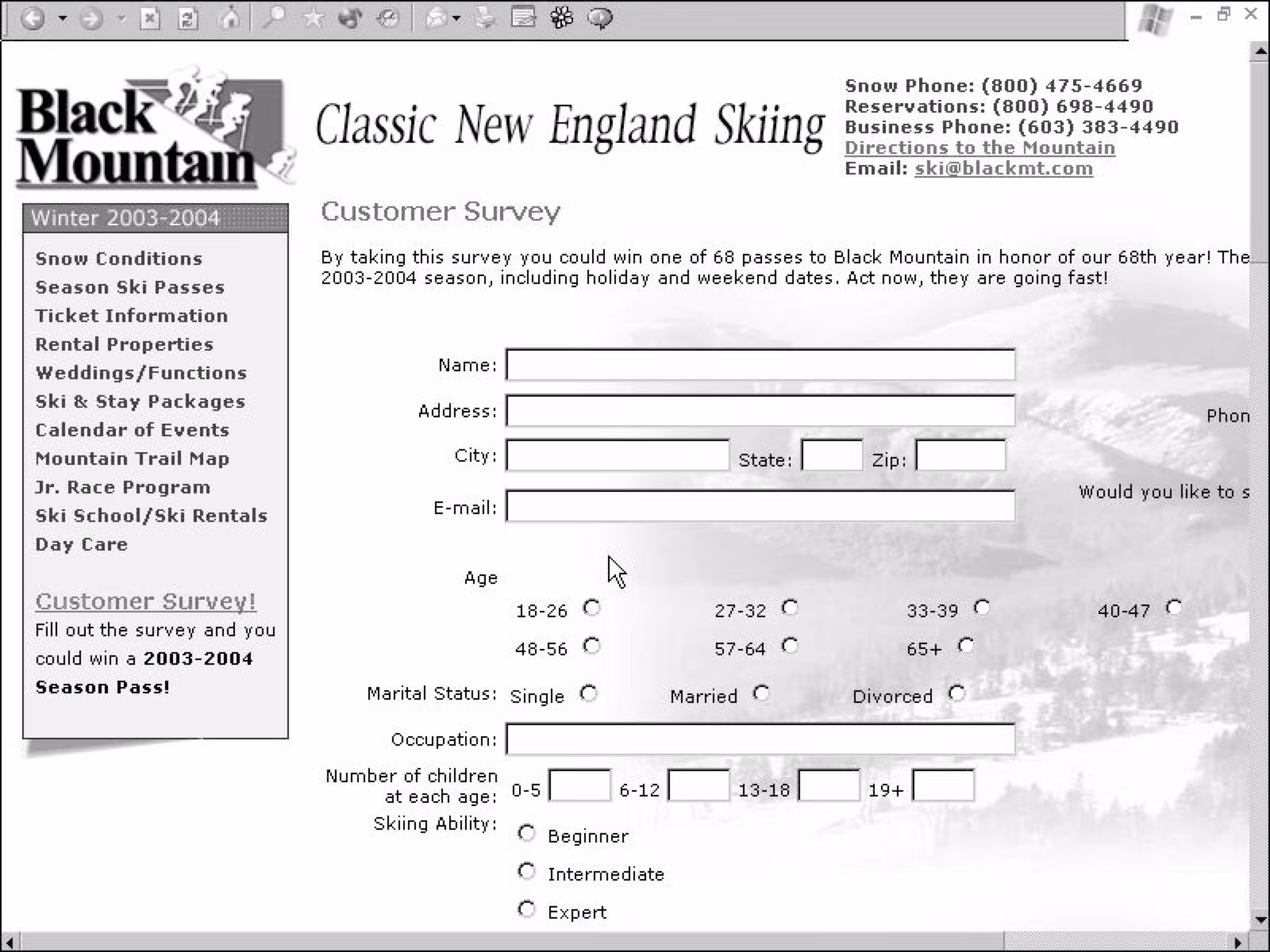 Screenshot of the Black Mountain online customer survey form