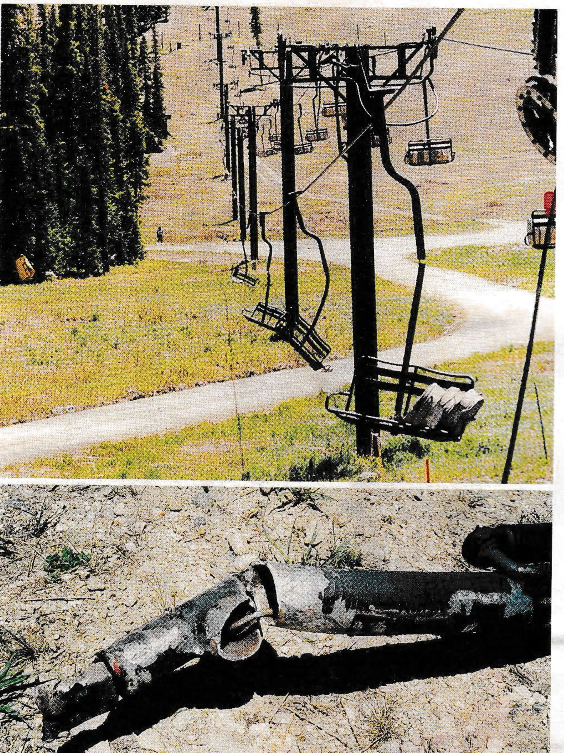 Looking uphill along the downgoing rope, note the broken chair stem, held by the safety rod. The close-up below shows clip housing to stem failure, with safety rod inside the stem.